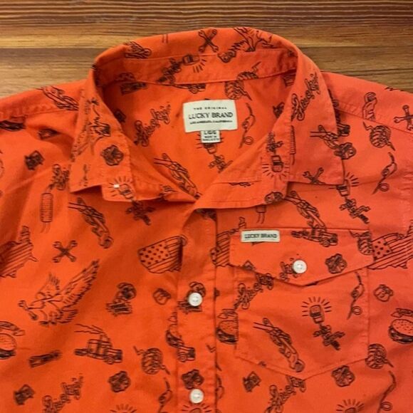 Lucky Brand Orange Novelty Print Button Up Mens Size Large Short Sleeve - Picture 6 of 12